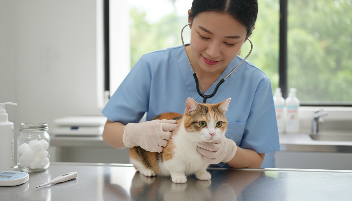 獸醫為曼基貓進行健康檢查