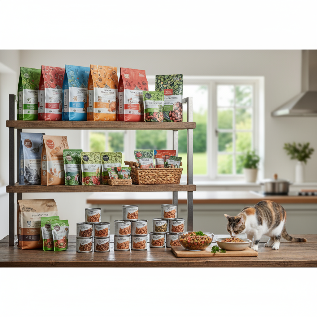 各種高品質貓糧和濕糧的展示，強調健康飲食的重要性
