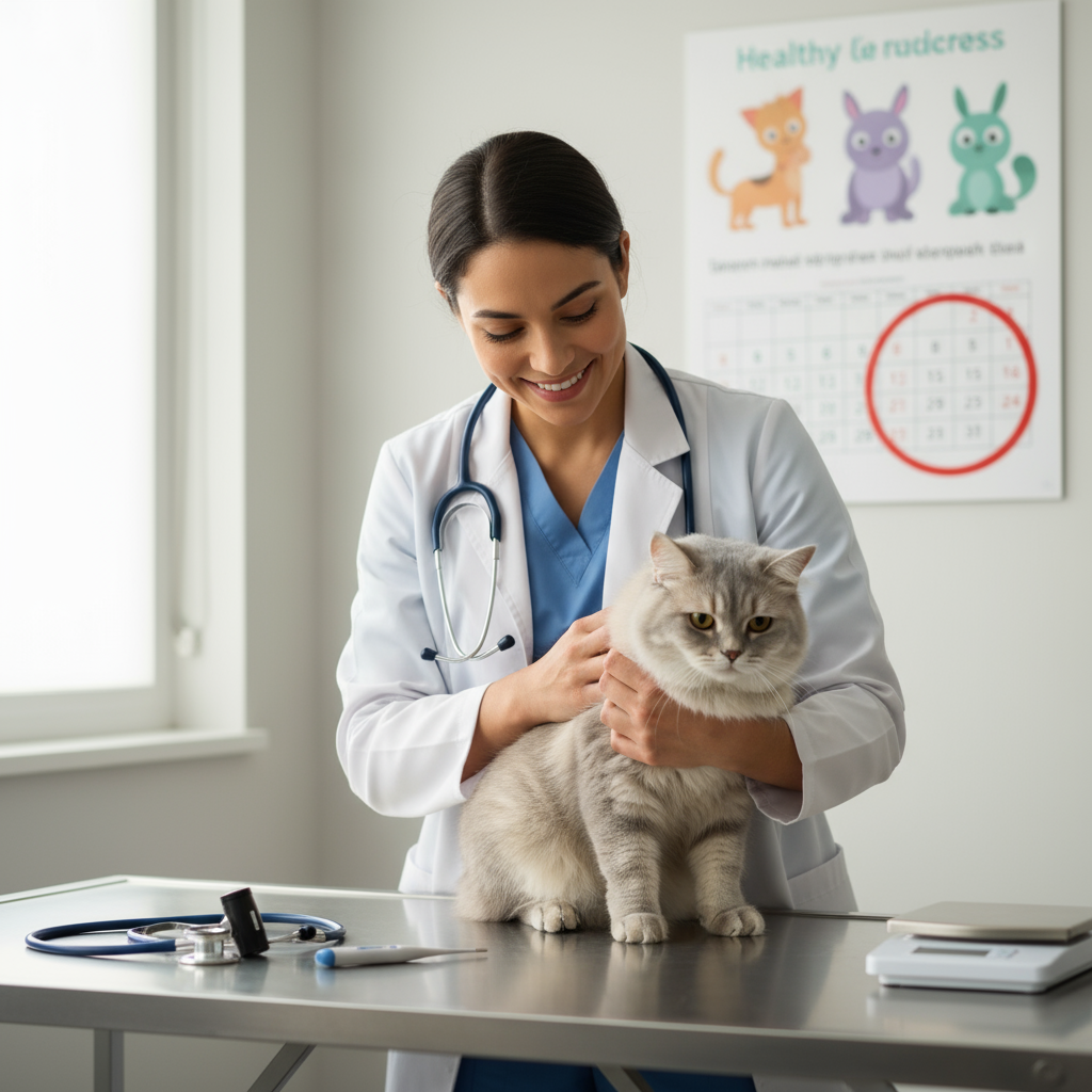 獸醫正在為英國短毛貓進行健康檢查，強調定期體檢的重要性