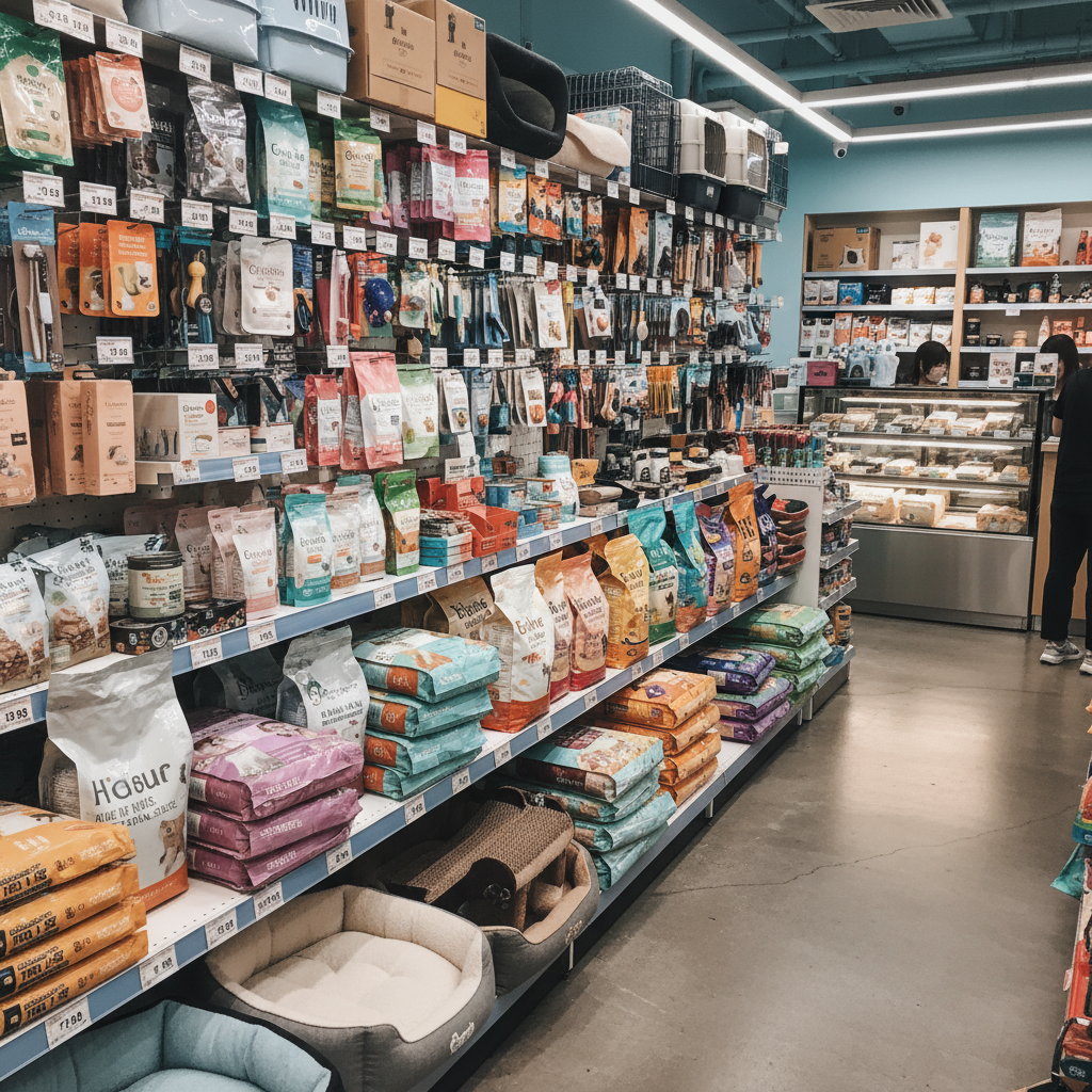 香港寵物店內展示的各種寵物用品和貓糧，附有價格標籤