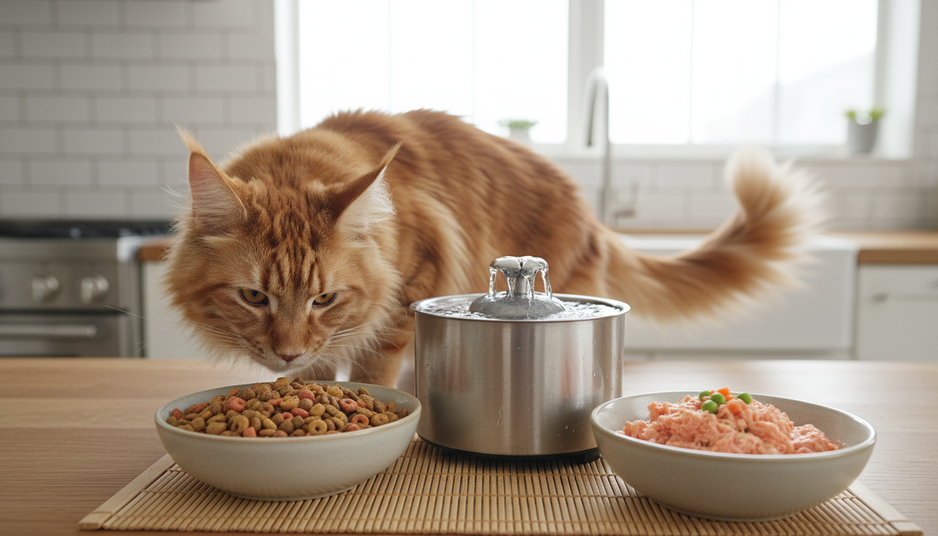 緬因貓的健康餐盤，展示均衡的乾糧和濕糧以及飲水機