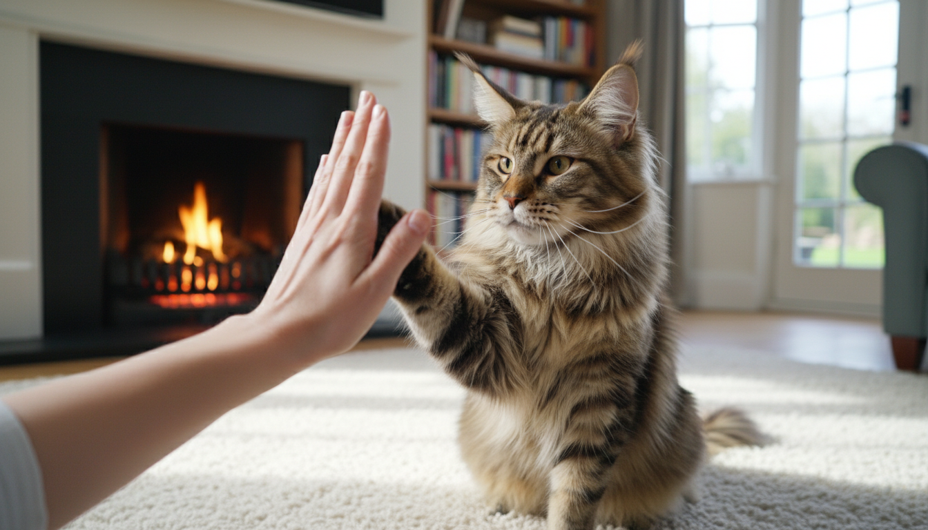 一隻緬因貓正在學習擊掌等趣味把戲