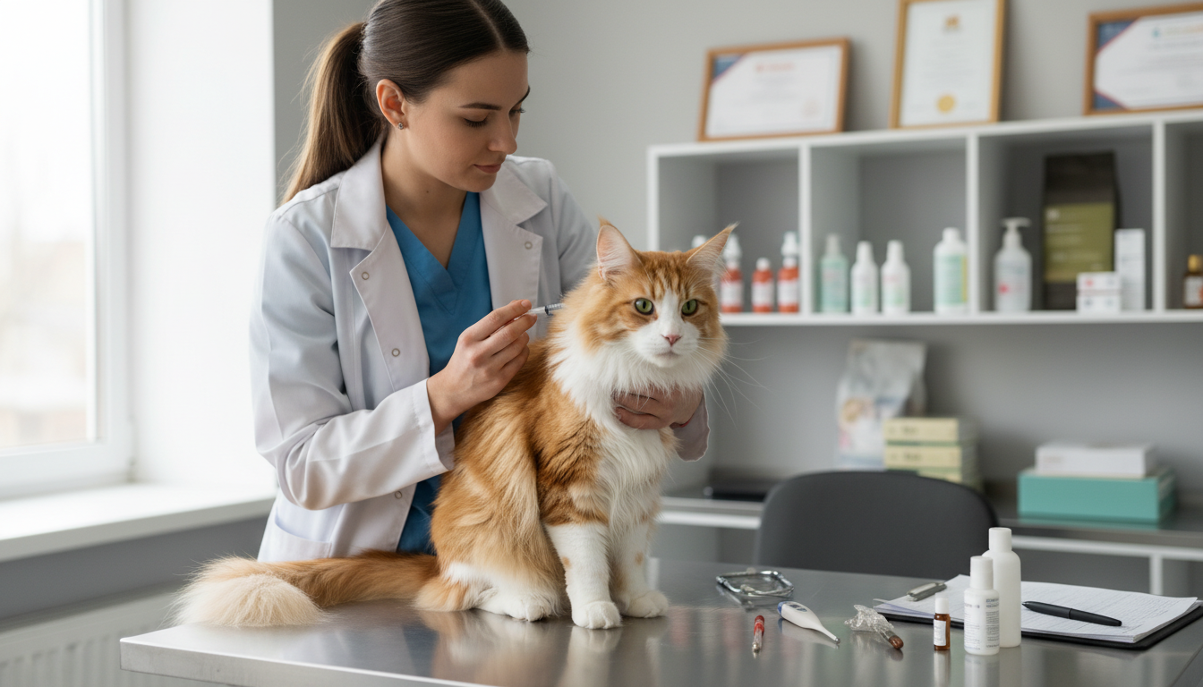 獸醫正在為緬因貓進行健康檢查和疫苗接種