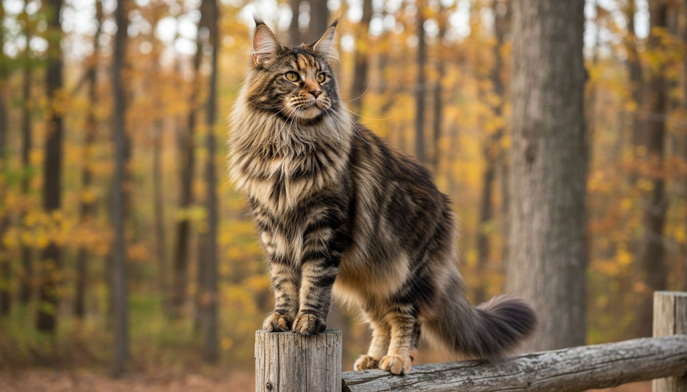 緬因貓的典型外觀特徵展示，包括其龐大體型、長毛和猞猁簇毛
