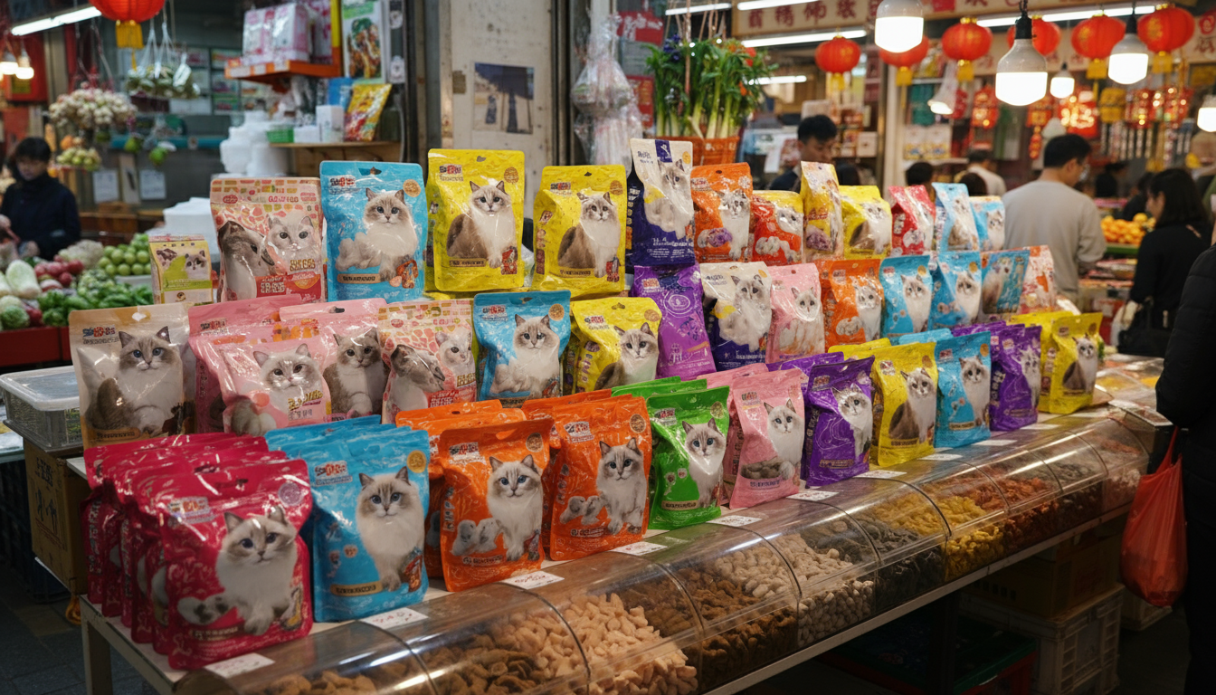 香港市場常見的布偶貓糧和零食展示
