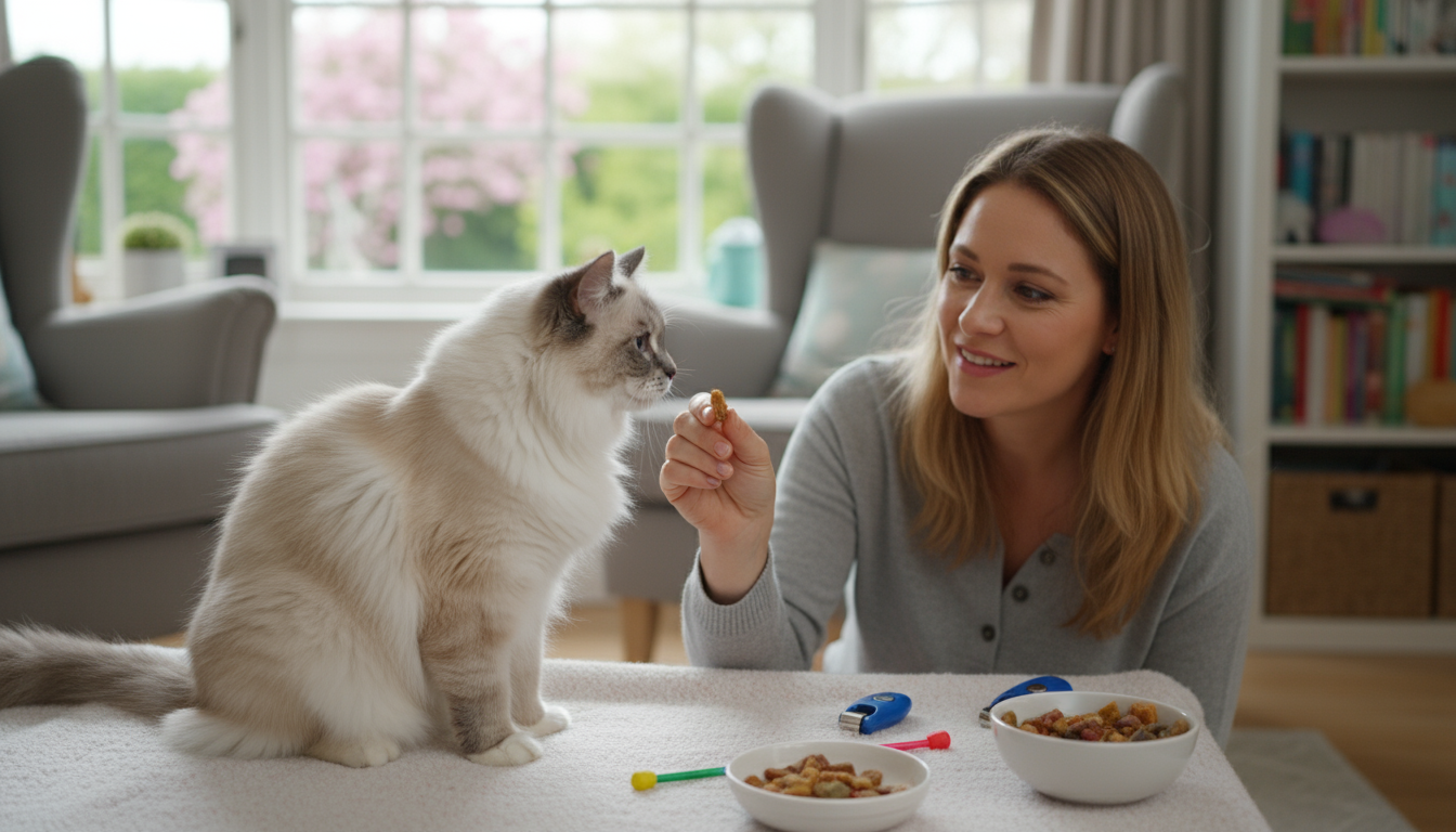 飼主正在對布偶貓進行積極強化訓練
