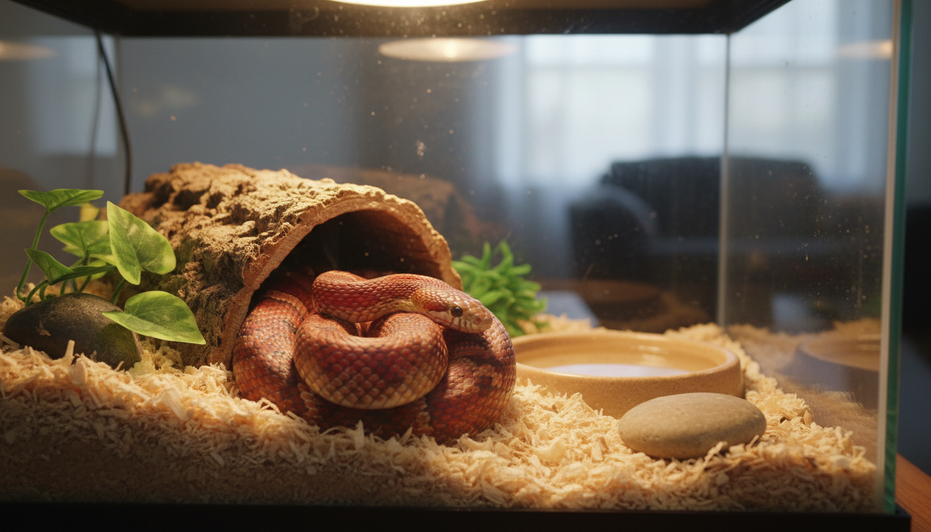 奧基蒂玉米蛇在飼養箱中休息的平靜姿態