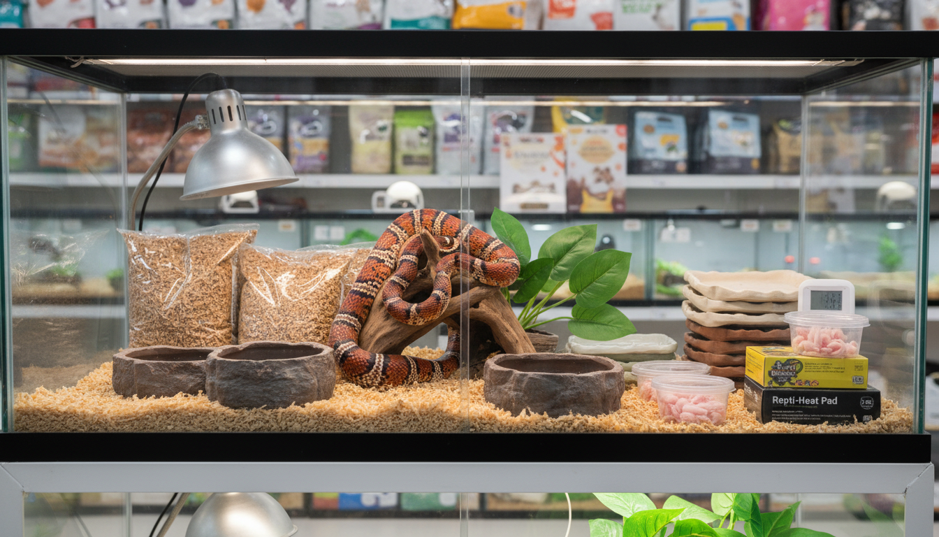 香港寵物店中展示的奧基蒂玉米蛇及其飼養用品