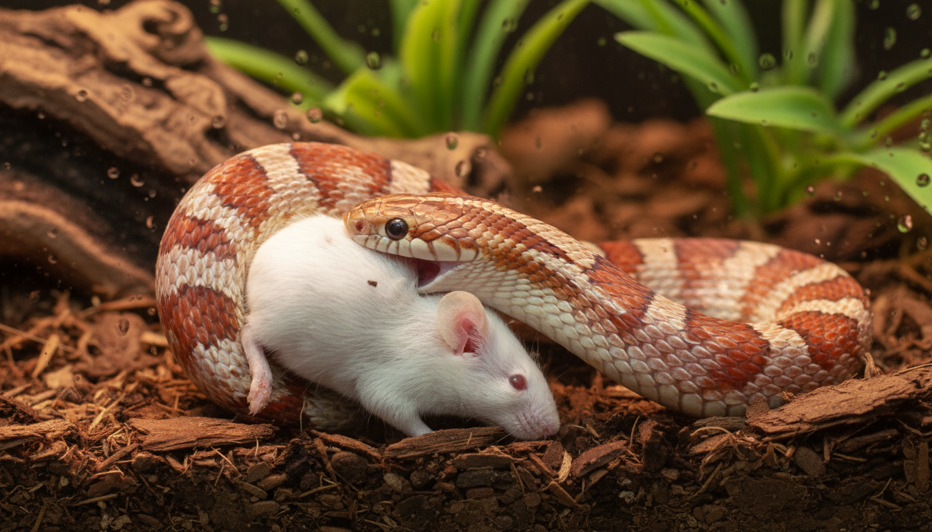 奧基蒂玉米蛇捕食冷凍解凍小白鼠的瞬間