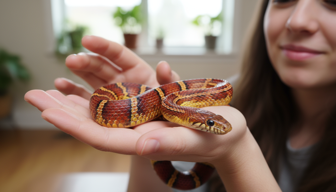 飼主溫柔地手持奧基蒂玉米蛇進行互動