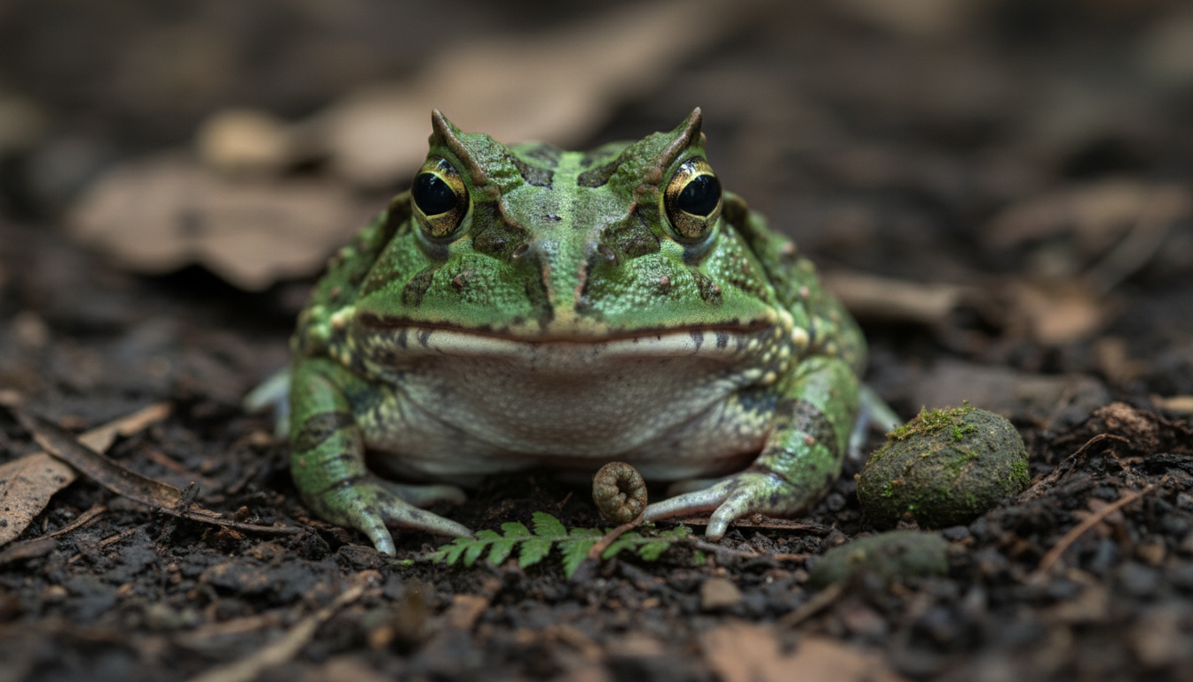 綠色角蛙靜靜地半埋在底材中等待獵物