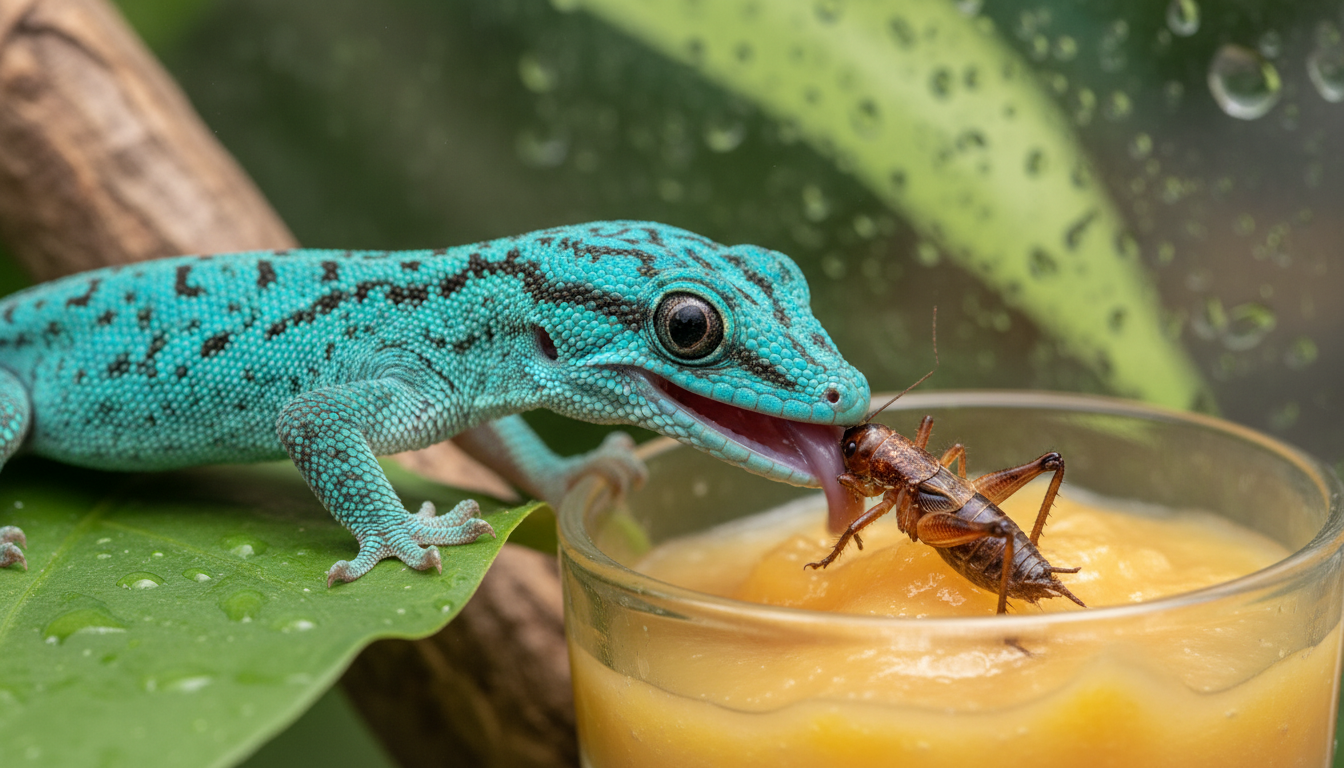 蘭薩天紋守宮享用昆蟲和水果泥