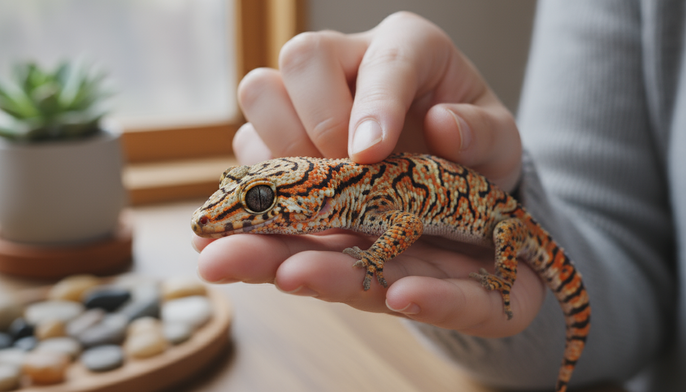 蘭薩天紋守宮與飼主輕柔互動