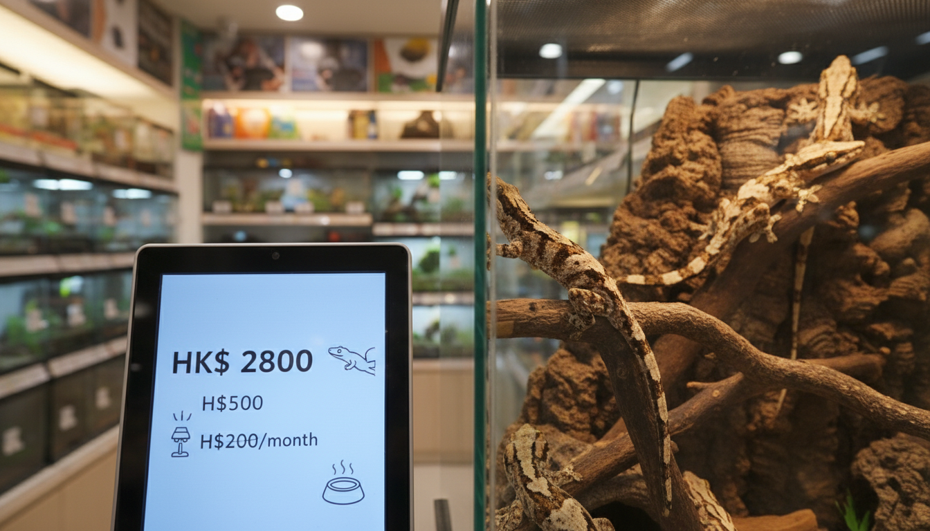 香港寵物店內飼養蘭薩天紋守宮的環境展示
