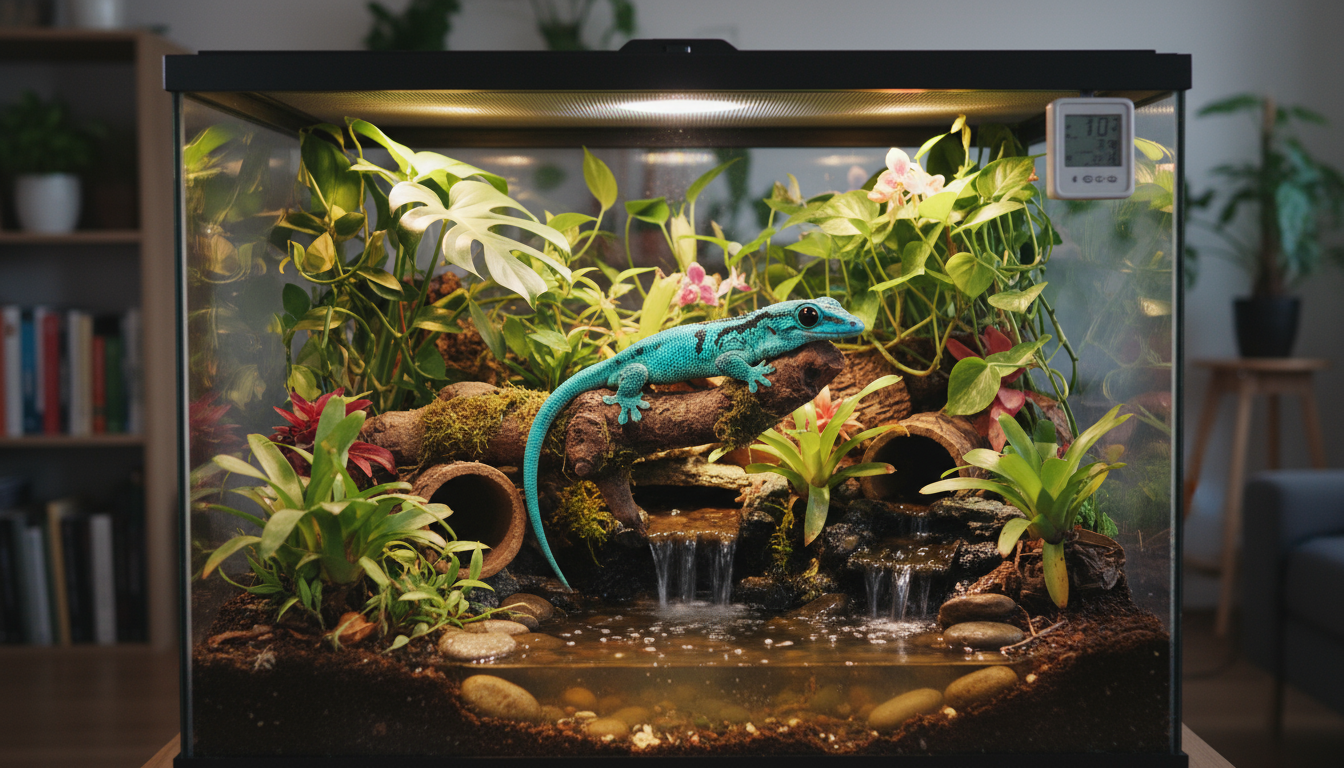 健康快樂的蘭薩天紋守宮在精心佈置的飼養箱中