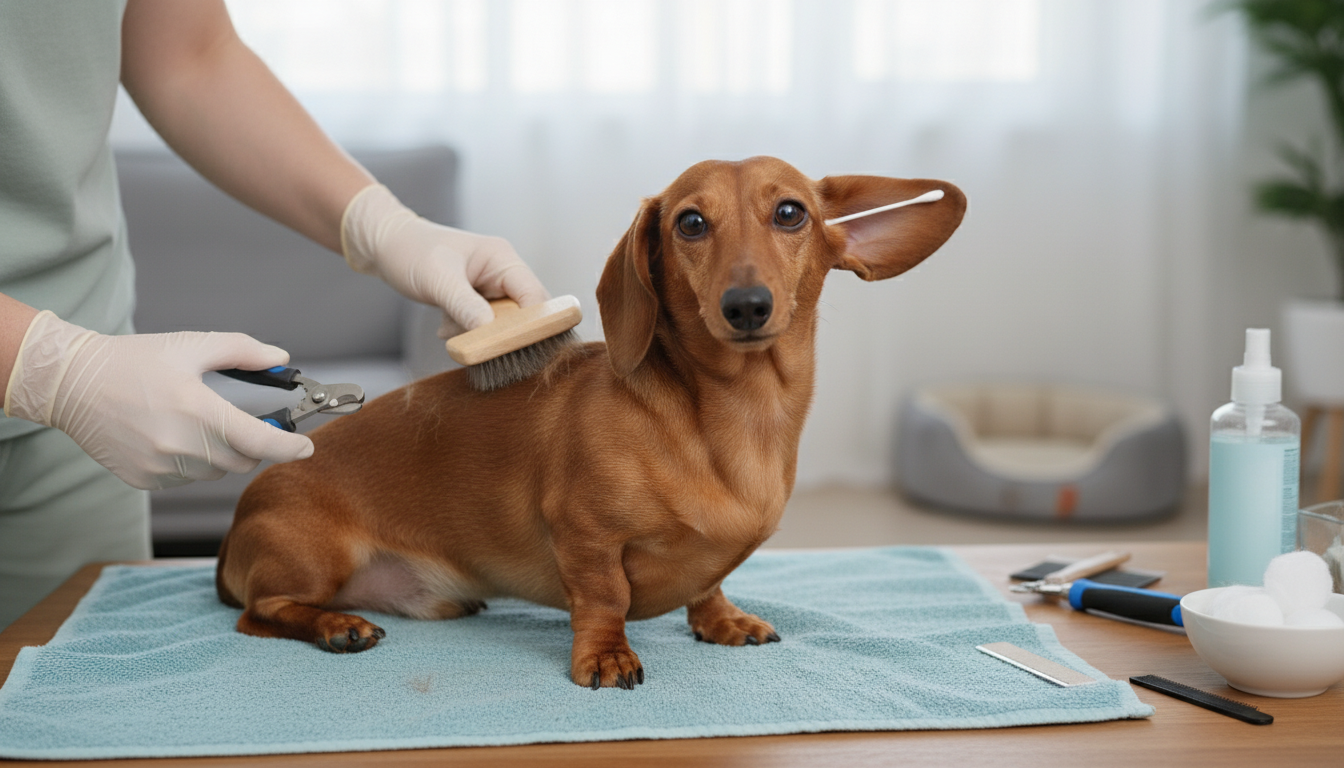 為臘腸犬進行日常護理的正確方法，包括梳毛、剪指甲和清潔耳朵