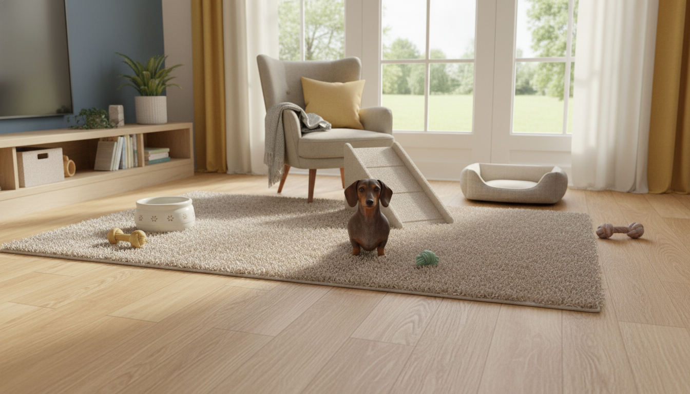 適合臘腸犬的理想家居環境設置，包括防滑地板和寵物坡道