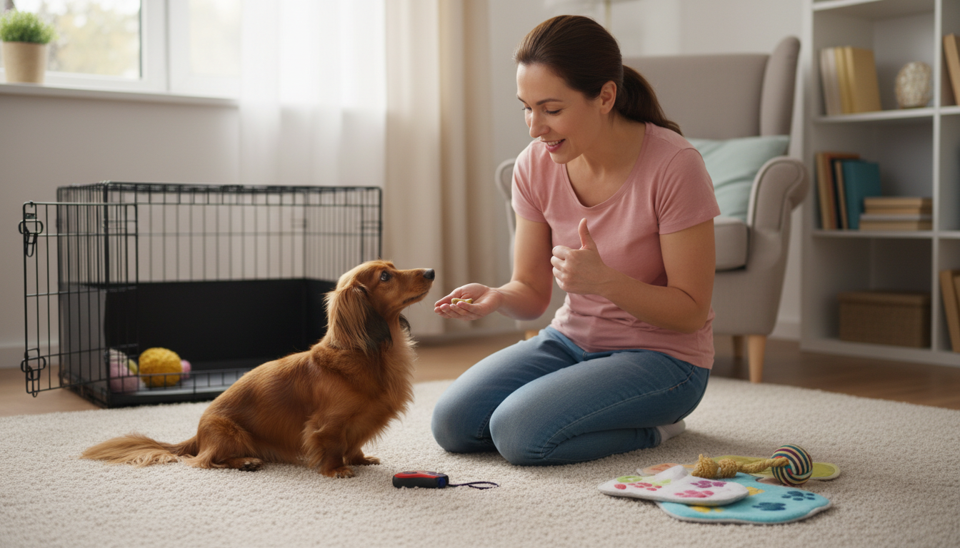 飼主利用正向強化方法訓練臘腸犬進行基本服從指令