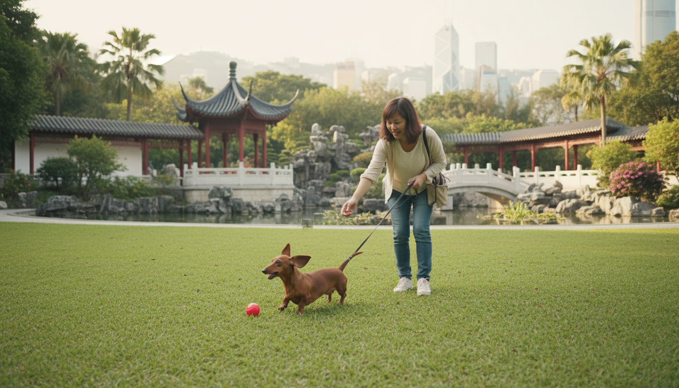臘腸犬與主人在香港公園裡愉快玩耍的溫馨場景