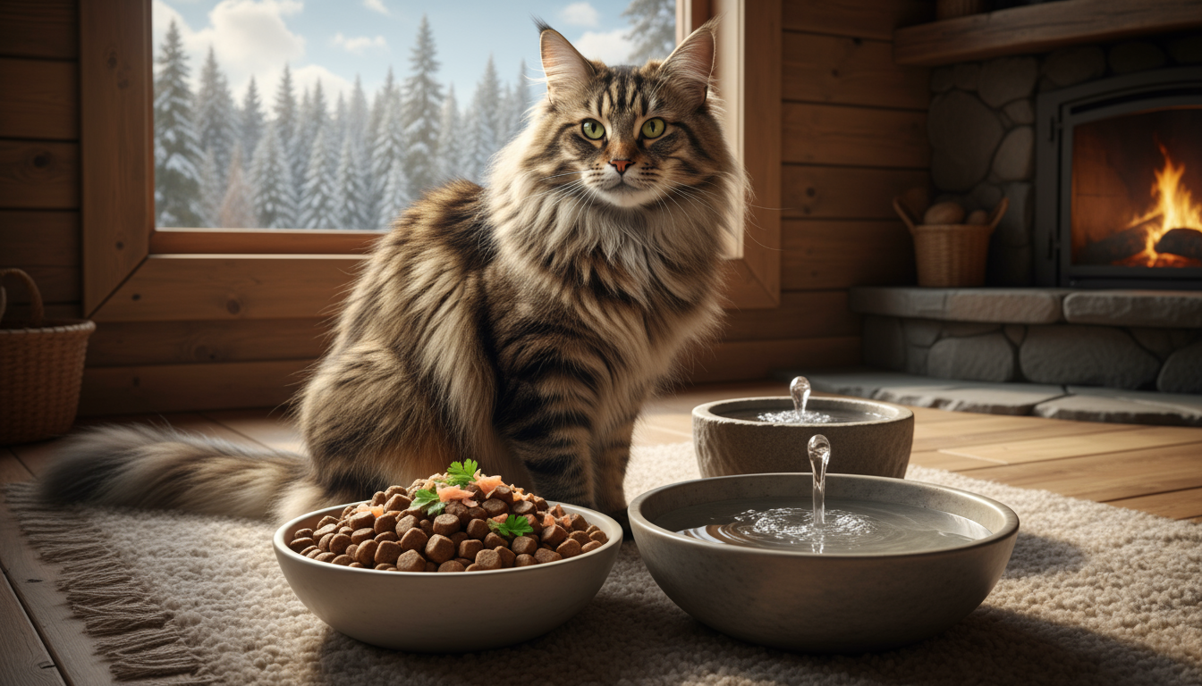 挪威森林貓享用高品質貓糧和新鮮飲水的場景