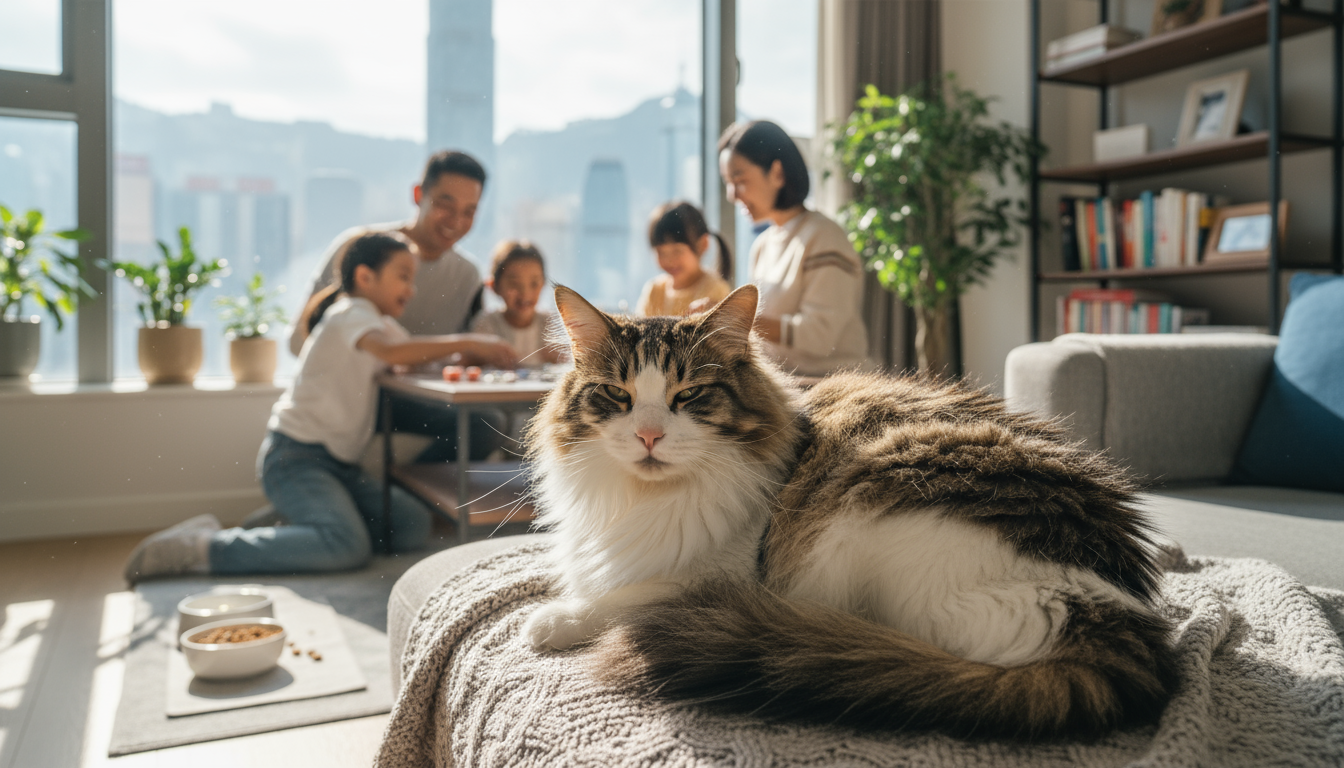 挪威森林貓在香港家中舒適地休息，享受與家人共度的時光