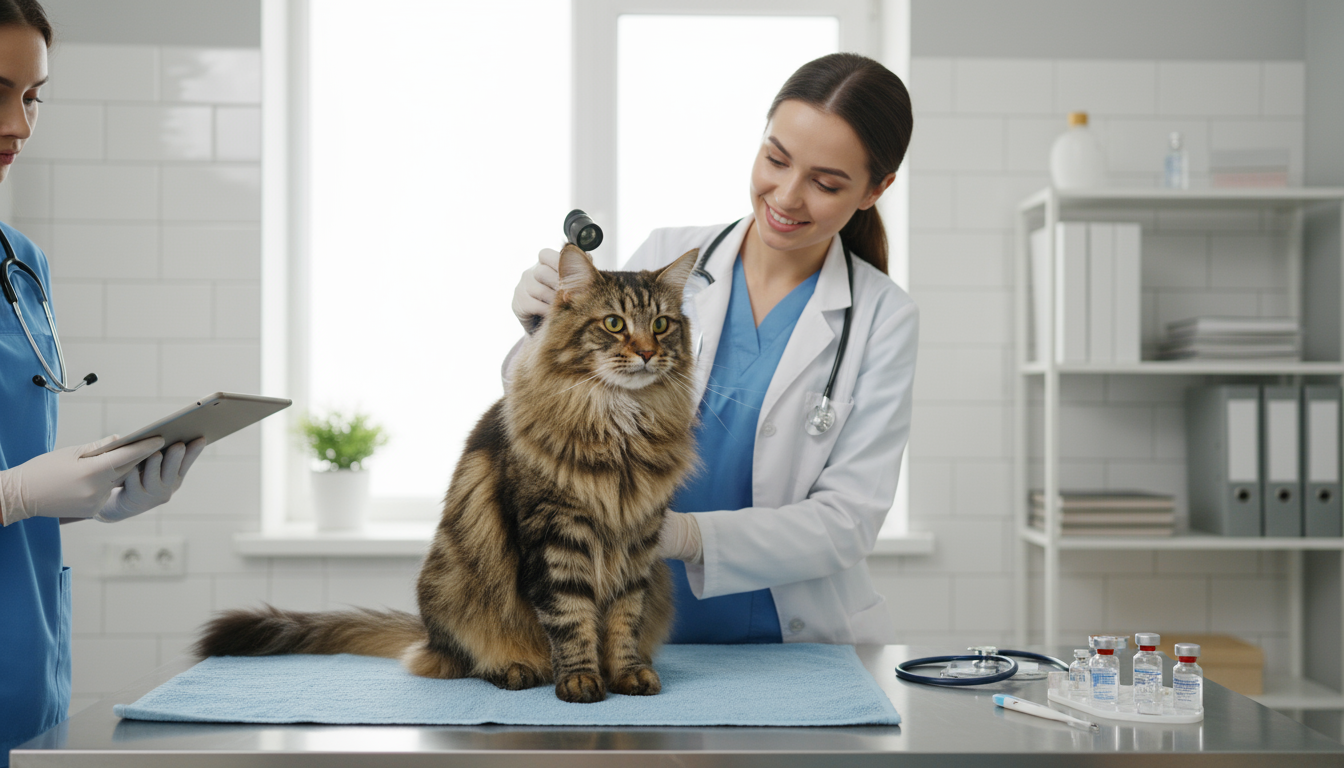 獸醫為挪威森林貓進行健康檢查的場景