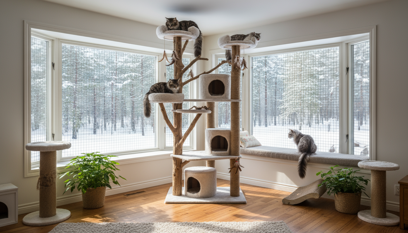 適合挪威森林貓的理想家居環境設置，包括高大的貓爬架和安全窗戶