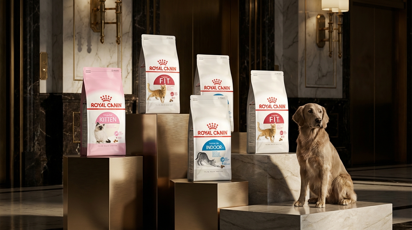 Royal Canin 法國皇家系列產品於奢華大理石大廳優雅陳列，搭配精緻金屬底座與戲劇性光影，身旁伴隨毛色柔順的高貴品種犬，展現品牌旗艦級的科學營養與高端質感。