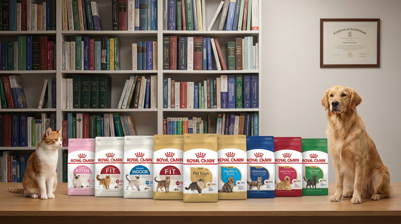 Royal Canin 法國皇家營養師工作室中，木桌整齊陳列十款產品。背景書架展現專業權威，搭配專注貓狗與柔和燈光，強調品牌為不同品種寵物提供科學嚴謹的量身定制營養建議。