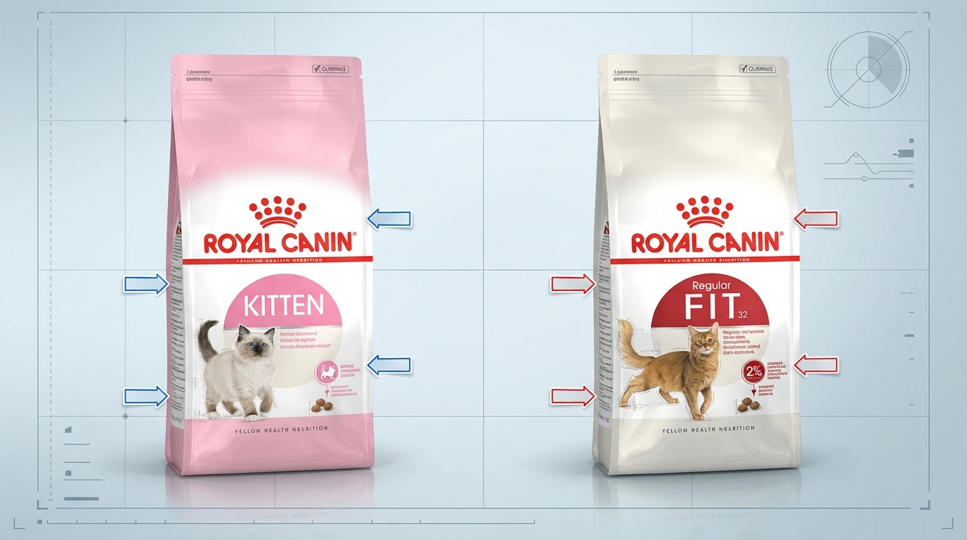 Royal Canin 法國皇家兩款產品並排於實驗室背景，透過俯視角度呈現包裝細節與標籤，搭配箭頭貼紙輔助對比，幫助消費者挑選適合不同品種及年齡的量身定制營養配方。