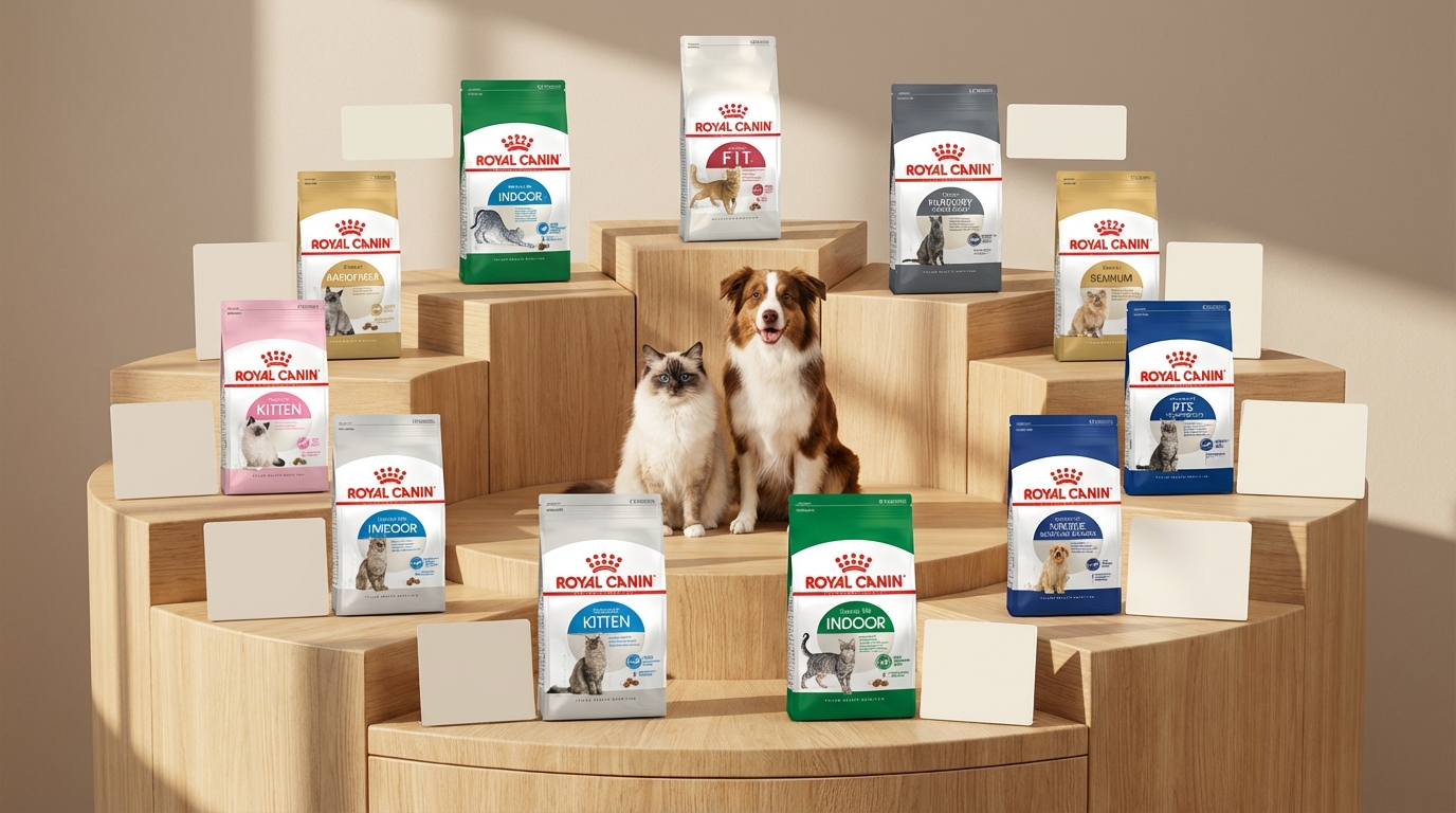 法國皇家 Royal Canin 寵物飼料陳列於質感木架，熱銷產品環繞品種貓犬與分類標籤。在柔光下展現專業產品線，為不同品種及年齡提供量身定制的科學營養。