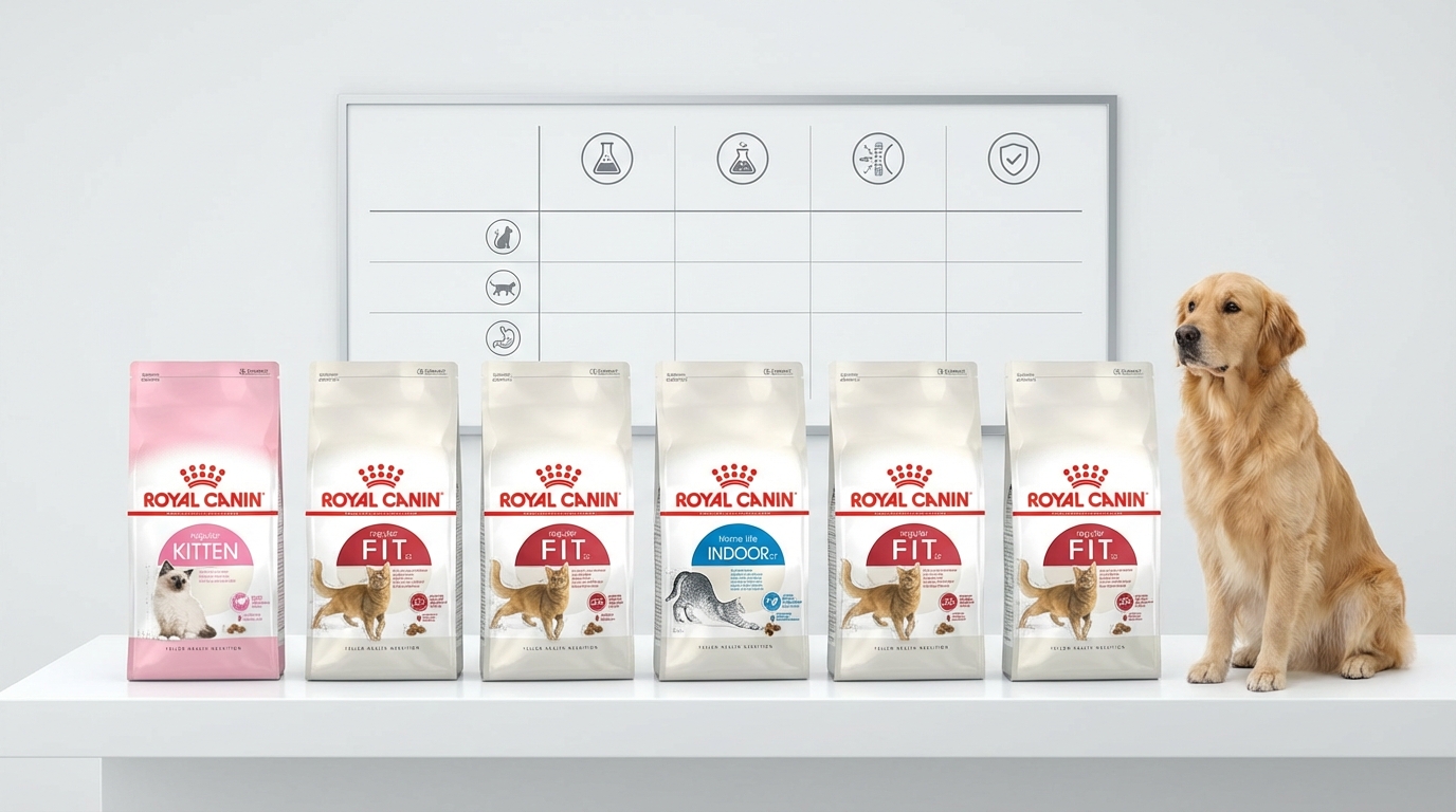 Royal Canin 法國皇家選購攻略，純白桌面上並排展示多款不同品種與年齡產品，搭配比較表。一隻優雅名犬陪伴在側，展現科學專業氛圍協助消費者做出明智選擇。