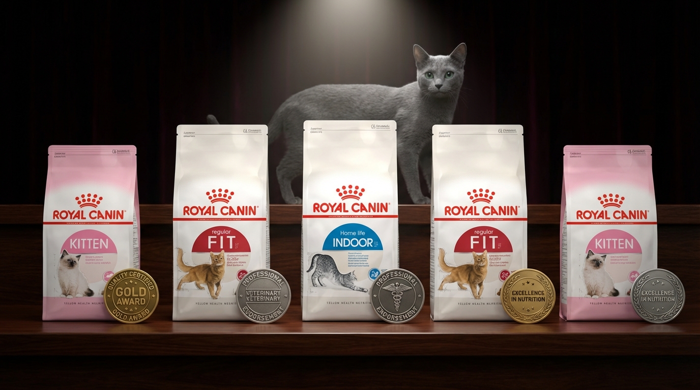 法國皇家產品包裝展示於典雅獎項陳列區，聚光燈下金屬品質獎牌與產品交相輝映，背景點綴優雅純種貓，展現品牌對寵物營養的專業認證與無可撼動的高品質保證。