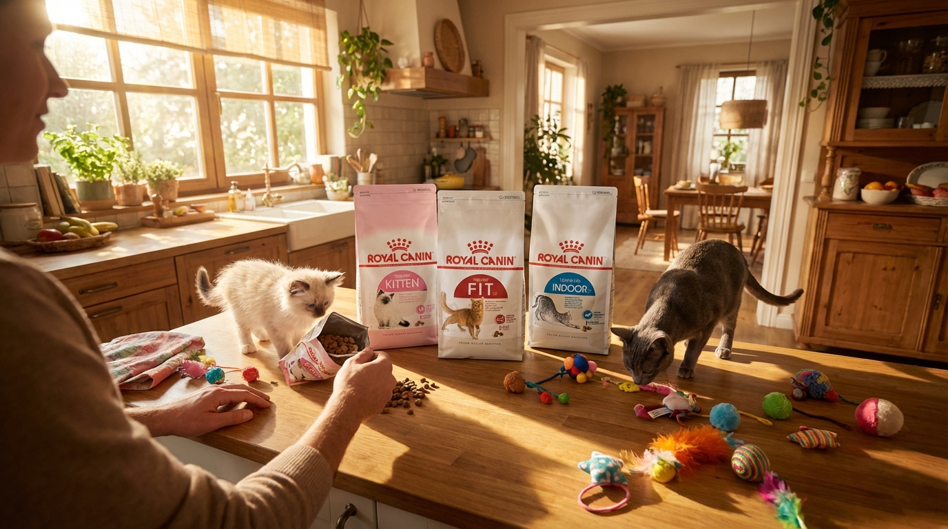 晨光灑落溫馨廚房，Royal Canin 法國皇家產品細節清晰。飼主正準備餵食並與寵物親密互動，身旁散落玩具，營造出充滿儀式感且溫暖的居家餵食場景。