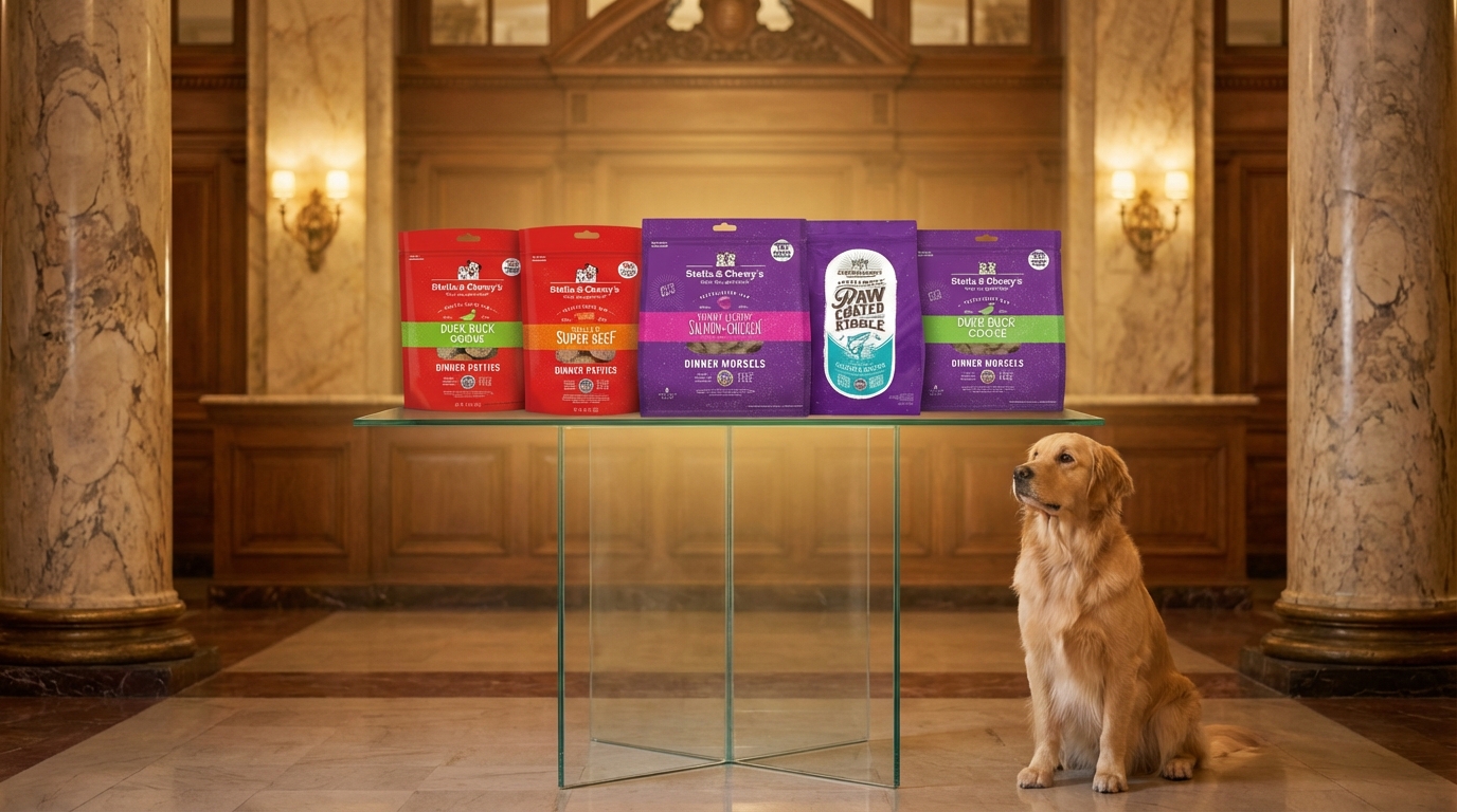 Stella & Chewy's 熱銷產品陳列於奢華酒店大廳的玻璃展台，背景融合大理石與木質裝飾。柔和光暈聚焦包裝細節，身旁有一隻優雅寵物犬，展現品牌的高端傳承與藝術質感，營造尊貴且溫馨的寵物生活氛圍。