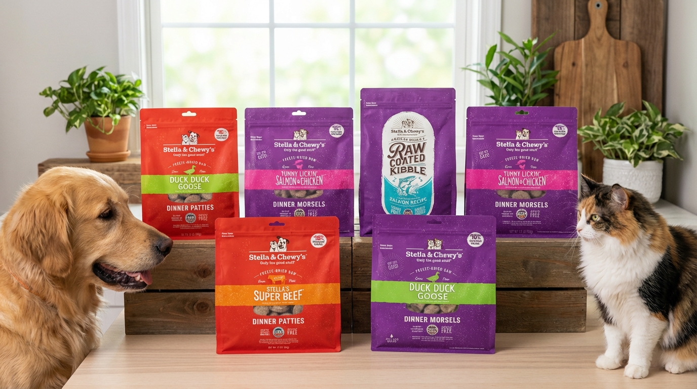 Stella & Chewy's 十大熱銷產品整齊排列於淺色木紋背景，搭配綠植與柔和自然光。畫面邊緣伴隨健康寵物身影，清晰展現產品包裝細節與純淨質感，營造專業信賴感。