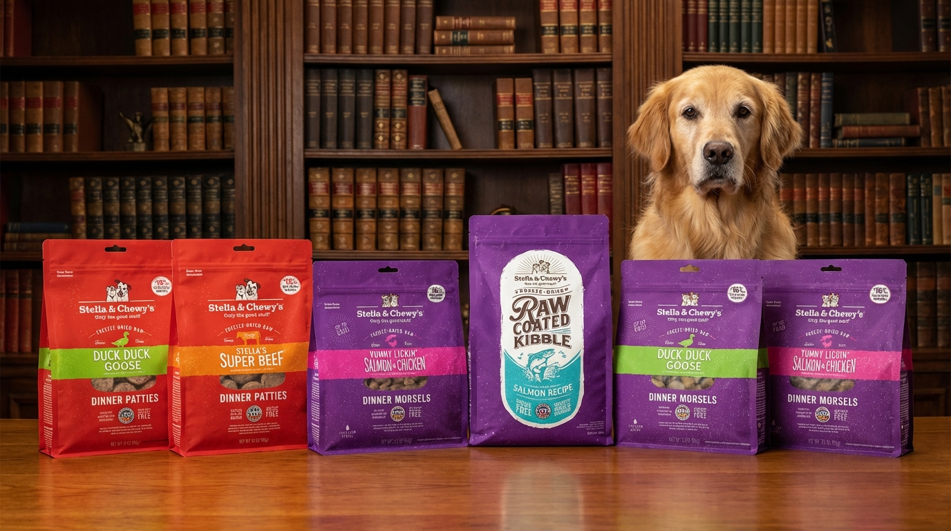 Stella & Chewy's 系列產品整齊排列在專業書架前，溫暖燈光與沉穩寵物犬營造安心權威的問答氛圍，完整呈現原始產品包裝細節，展現品牌專業信賴感。