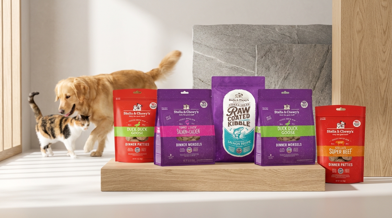 Stella & Chewy's 產品包裝居中陳列於現代簡約空間，柔和自然光映照石材與木質背景，搭配健康活潑的寵物元素，清晰展現品牌標誌與產品細節，營造專業且溫馨的氛圍。