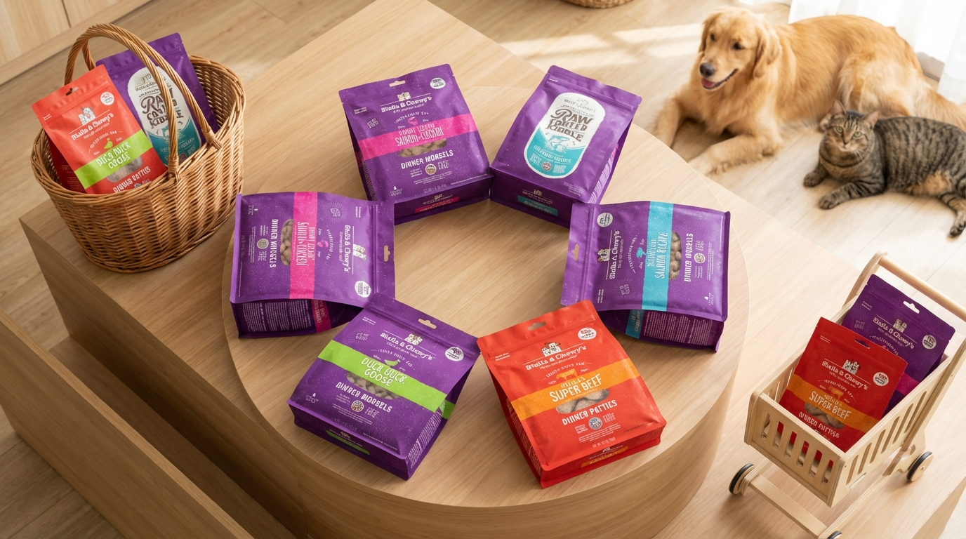 Stella & Chewy's 多元產品於木質架環形陳列，自然光映照完整包裝。搭配購物籃與背景寵物，以俯視角度展現豐富產品線，提供精確溫馨的寵物食品購物導覽。