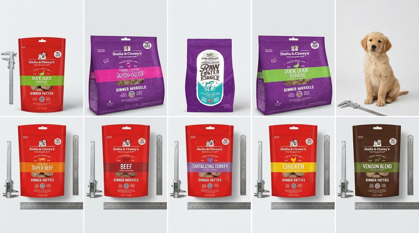 Stella & Chewy's 十款熱銷產品以表格整齊排列，展示清晰包裝細節。畫面結合精密測量工具與專注的小狗，在明亮極簡場景中提供權威選購指引，幫助消費者輕鬆對比並做出明智選擇。
