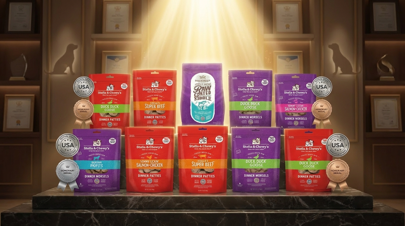 Stella & Chewy's 熱銷產品整齊排列於大理石展台，高光聚焦包裝，兩側點綴官方勳章。背景融入寵物剪影，營造出權威的品質認證氛圍，展現品牌對寵物健康的專業承諾。
