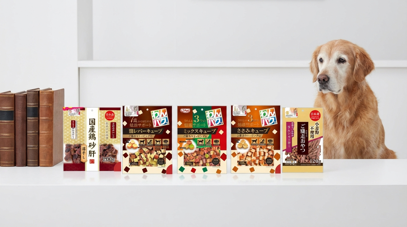 Q-PET產品特寫置於明亮背景，旁有精裝書象徵權威，搭配安詳的老年金毛尋回犬，展現對老犬的專業關懷。畫面簡潔沉穩，傳遞出Q-PET值得信賴的專業形象與安心感。