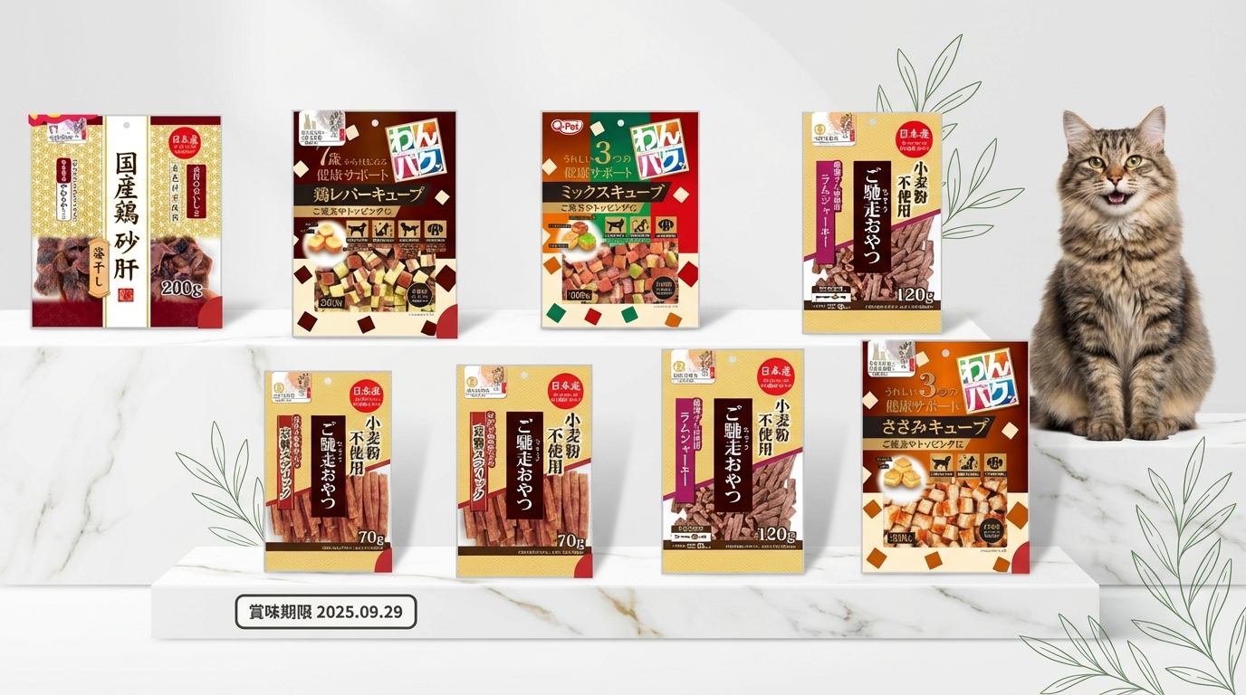 Q-PET 十款熱銷產品排列於大理石底座，搭配極簡植物營造高端氛圍。一隻愉悅的寵物貓待在旁，光線明亮柔和，清晰展示包裝標籤與品牌標誌，兼具現代美感與專業親和力。