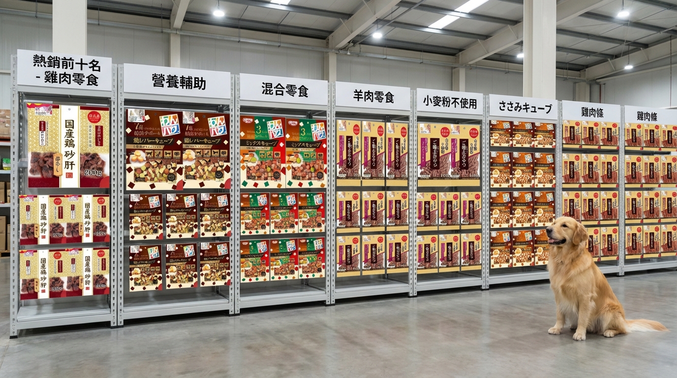 Q-PET 專業倉儲陳列空間，貨架整齊展示熱銷產品與分類標籤。橫向全景呈現多元包裝細節與真實質感，側邊搭配一隻端坐寵物犬，展現品牌產品線的豐富性與親和力。