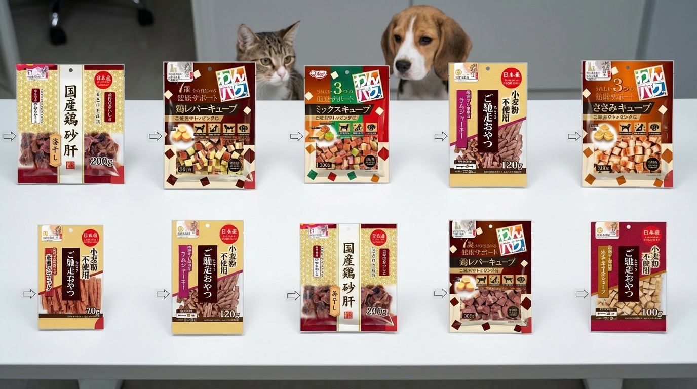 Q-PET 選購攻略在明亮實驗室陳列十件熱銷產品，搭配標註箭頭展示細節。背景有隻好奇小狗，真實呈現產品包裝與標誌，營造專業氛圍，幫助消費者在多樣商品中做出明智選擇。