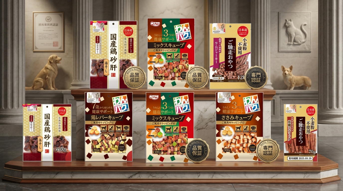 Q-PET 產品包裝微距特寫，聚焦品質認證標章，側邊擺放精緻官方印章，背景融入溫馨寵物元素與專業機構氛圍。透過細膩光影展現品牌對安全的承諾，傳遞極具信賴感的權威認證與專業品質保證。