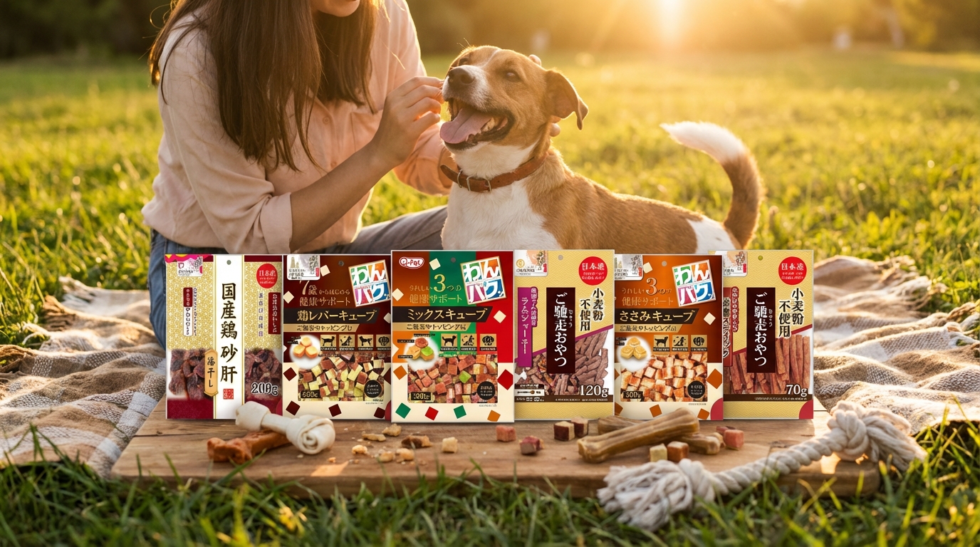 Q-PET 產品置於溫暖黃昏下的草地野餐場景，主人與寵物正親密互動，展現包裝完整細節與品牌標誌。背景巧妙點綴寵物玩具，營造出高品質且充滿幸福感的人寵共處時光。