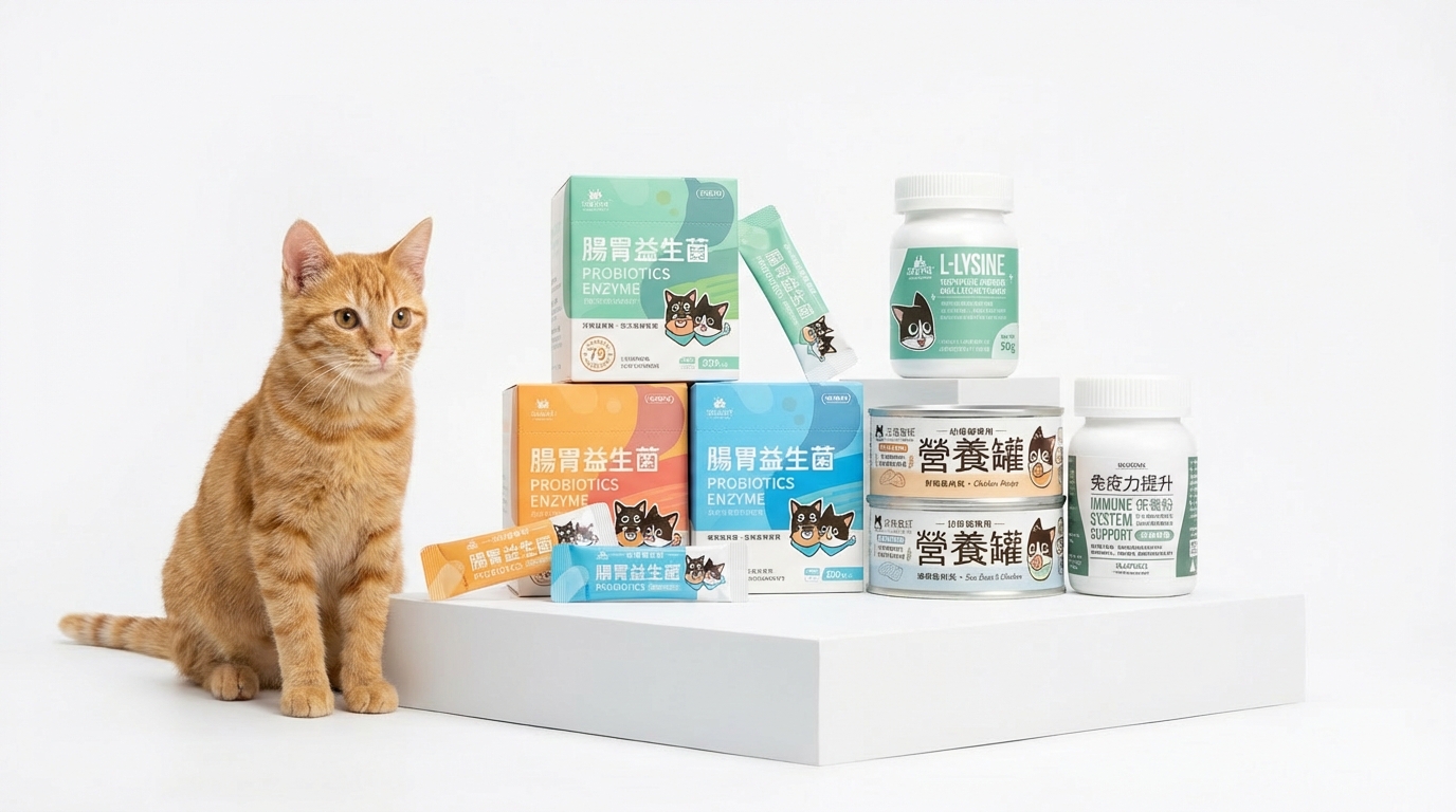 汪喵星球產品包裝置於明亮攝影棚中心，搭配幾何底座與活潑寵物點綴。正面平視視角清晰呈現品牌標誌與標籤細節，整體視覺純淨明快，展現專業高品質的電商產品調性。