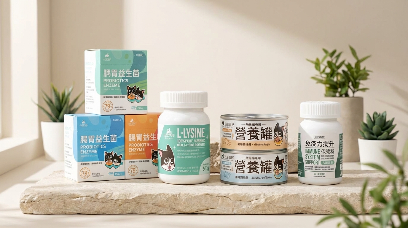 汪喵星球產品包裝置於明亮簡約的淺色石材平面，柔和自然光展現專業溫暖氛圍。居中構圖搭配微俯視角度與綠色植栽點綴，完整呈現產品細節與品牌標誌，營造高品質質感。