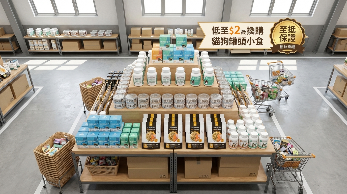 汪喵星球產品導覽，在明亮空間以俯視角陳列熱銷罐頭與小食。搭配購物籃營造電商氛圍，並標註「低至$2換購」優惠與「至抵保證」標誌，清晰展示品牌多元且專業的產品線。